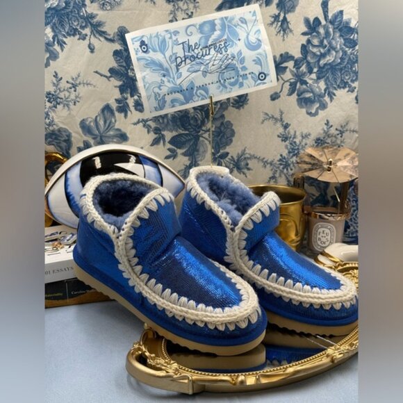🆕 MOU 🧿 NWOT WOB Metallic Stingray Effect Blue Eskimo Ankle Boot, Sz EU 37 - Picture 2 of 13